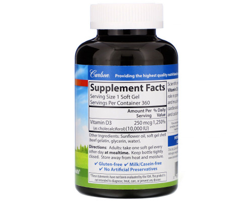 Carlson Labs, Vitamin D3, 10,000 IU (250 mcg), 360 Soft Gels Carlson Labs, Vitamin D3, 10,000 IU (250 mcg), 360 Soft Gels