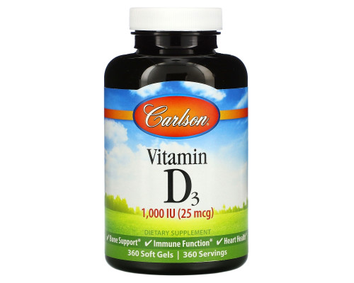Carlson Labs, Vitamin D3, 25 mcg (1,000 IU), 360 Soft Gels Carlson Labs, Vitamin D3, 25 mcg (1,000 IU), 360 Soft Gels