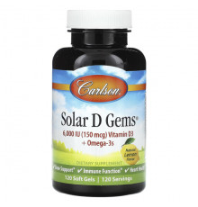 Витамин D Carlson, Solar D Gems, натуральный лимон, 150 мкг (6000 МЕ), 120 мягких таблеток