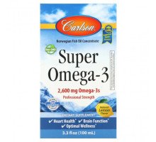 Рыбий жир и Омега 3, 6, 9 Carlson, Супер Омега-3, натуральный лимонный вкус, 2600 мг, 3,3 ж. унц. (100 мл)