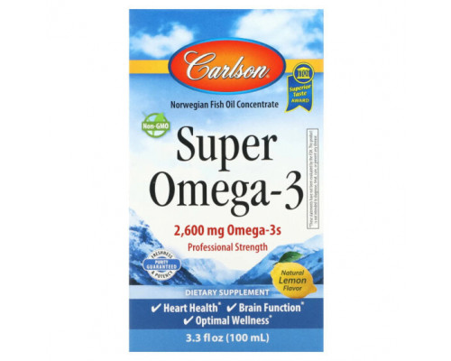 Рыбий жир и Омега 3, 6, 9 Carlson, Супер Омега-3, натуральный лимонный вкус, 2600 мг, 3,3 ж. унц. (100 мл) Рыбий жир и Омега 3, 6, 9 Carlson, Супер Омега-3, натуральный лимонный вкус, 2600 мг, 3,3 ж. унц. (100 мл)