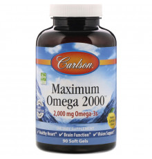 Carlson Labs, Максимум Омега 2000, Натуральный вкус лимона, 2 000 мг, 90 мягких таблетки