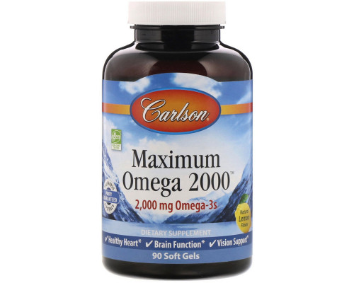 Carlson Labs, Максимум Омега 2000, Натуральный вкус лимона, 2 000 мг, 90 мягких таблетки Carlson Labs, Максимум Омега 2000, Натуральный вкус лимона, 2 000 мг, 90 мягких таблетки