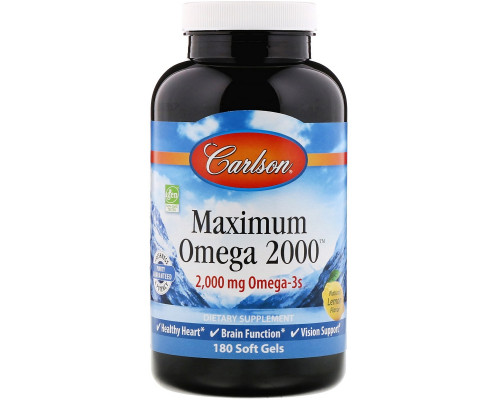 Carlson Labs, Maximum Omega 2000, Natural Lemon, 2,000 mg, 180 Soft Gels Carlson Labs, Maximum Omega 2000, Natural Lemon, 2,000 mg, 180 Soft Gels