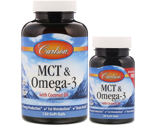 Carlson Labs, MCT и Омега-3, 120 Мягких Капсул + 30 Мягких Капсул Carlson Labs, MCT и Омега-3, 120 Мягких Капсул + 30 Мягких Капсул