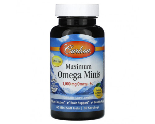 Рыбий жир и Омега 3, 6, 9 Carlson, Maximum Omega Minis, натуральный лимон, 500 мг, 60 мягких таблеток Рыбий жир и Омега 3, 6, 9 Carlson, Maximum Omega Minis, натуральный лимон, 500 мг, 60 мягких таблеток