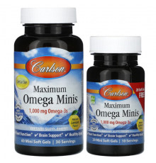 Рыбий жир и Омега 3, 6, 9 Carlson, Maximum Omega Minis, натуральный лимон, 500 мг, 80 мягких таблеток