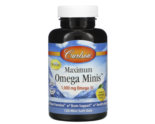 Carlson Labs, Maximum Omega Minis, Natural Lemon Flavor, 1,000 mg, 120 Mini Softgels Carlson Labs, Maximum Omega Minis, Natural Lemon Flavor, 1,000 mg, 120 Mini Softgels