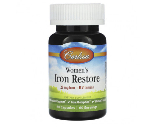 Железо Carlson, Womens Iron Restore, 28 mg Iron + B Vitamins, 60 Capsules Железо Carlson, Womens Iron Restore, 28 mg Iron + B Vitamins, 60 Capsules