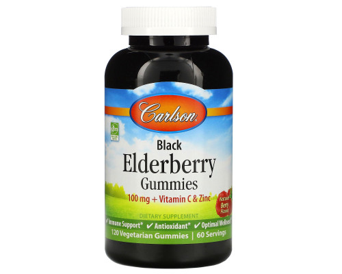 Carlson Labs, Black Elderberry Gummies + Vitamin C & Zinc, Natural Berry, 100 mg, 120 Vegetarian Gummies Carlson Labs, Black Elderberry Gummies + Vitamin C & Zinc, Natural Berry, 100 mg, 120 Vegetarian Gummies