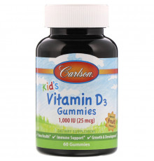 Carlson Labs, Kid's Vitamin D3 Gummies, 1,000 IU (25 mcg), Natural Fruit Flavors, 60 Gummies