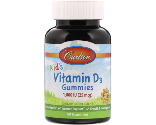 Carlson Labs, Kid's Vitamin D3 Gummies, 1,000 IU (25 mcg), Natural Fruit Flavors, 60 Gummies Carlson Labs, Kid's Vitamin D3 Gummies, 1,000 IU (25 mcg), Natural Fruit Flavors, 60 Gummies