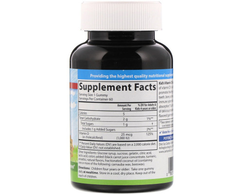 Carlson Labs, Kid's Vitamin D3 Gummies, 1,000 IU (25 mcg), Natural Fruit Flavors, 60 Gummies Carlson Labs, Kid's Vitamin D3 Gummies, 1,000 IU (25 mcg), Natural Fruit Flavors, 60 Gummies