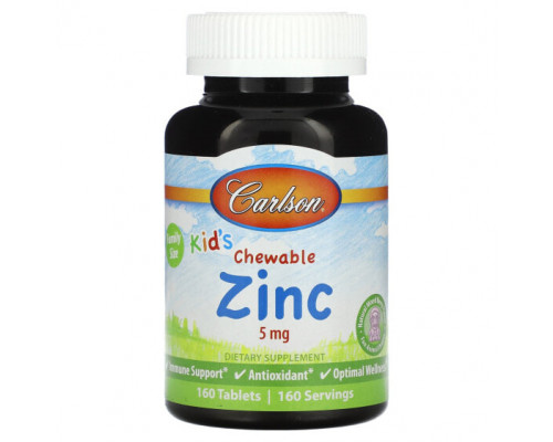 Цинк Carlson, Kid's Chewable Zinc, натуральная ягодная смесь, 5 мг, 160 таблеток Цинк Carlson, Kid's Chewable Zinc, натуральная ягодная смесь, 5 мг, 160 таблеток