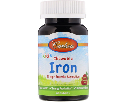 Carlson Labs, Kid's Chewable Iron, 15 mg, Natural Strawberry, 60 Tablets Carlson Labs, Kid's Chewable Iron, 15 mg, Natural Strawberry, 60 Tablets
