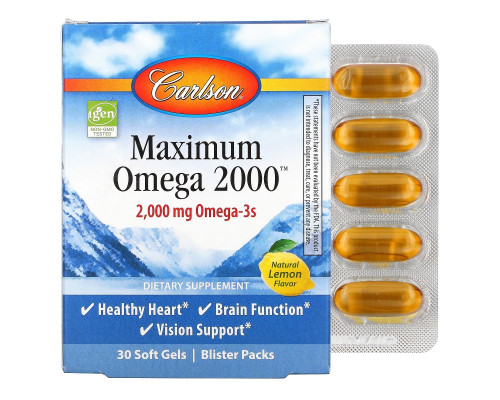 Carlson Labs, Maximum Omega 2000, Natural Lemon, 2,000 mg, 30 Softgels Carlson Labs, Maximum Omega 2000, Natural Lemon, 2,000 mg, 30 Softgels