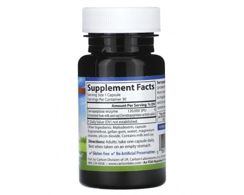 Пищеварительные ферменты Serrapeptase, Delayed Release, 120,000 SPUs, 30 Vegetarian Capsules Пищеварительные ферменты Serrapeptase, Delayed Release, 120,000 SPUs, 30 Vegetarian Capsules