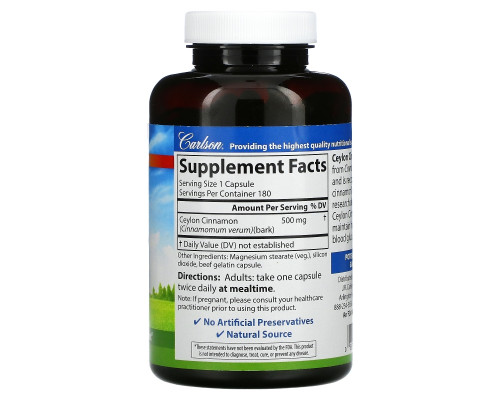 Carlson Labs, Цейлонская корица, 180 капсул Carlson Labs, Цейлонская корица, 180 капсул