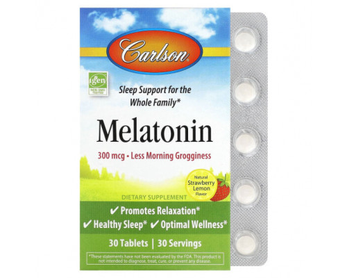 БАДы Carlson, Melatonin, Natural Strawberry Lemon, 300 mcg, 30 Tablets БАДы Carlson, Melatonin, Natural Strawberry Lemon, 300 mcg, 30 Tablets
