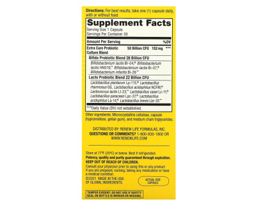 Renew Life, Extra Care, Ultimate Flora Probiotic, 50 Billion Live Cultures, 30 Vegetarian Capsules Renew Life, Extra Care, Ultimate Flora Probiotic, 50 Billion Live Cultures, 30 Vegetarian Capsules