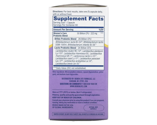 Renew Life, Women's Care Probiotic, 50 Billion CFU, 60 Vegetarian Capsules Renew Life, Women's Care Probiotic, 50 Billion CFU, 60 Vegetarian Capsules