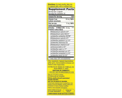 Renew Life, Everyday Immune, Probiotics, Zinc & Vitamin C, 30 Vegetarian Capsules Renew Life, Everyday Immune, Probiotics, Zinc & Vitamin C, 30 Vegetarian Capsules