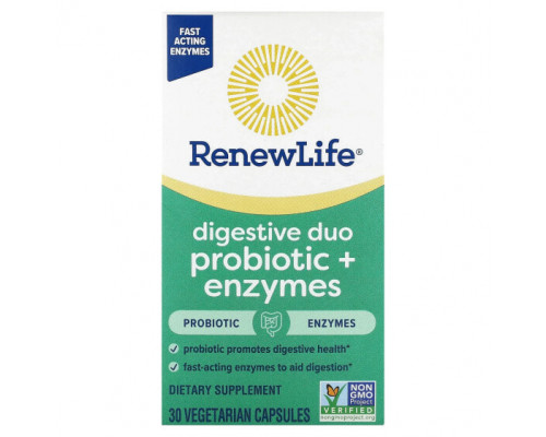 Для пищеварительной системы Renew Life, Digestive Duo Probiotic + Enzymes, 30 вегетарианских капсул Для пищеварительной системы Renew Life, Digestive Duo Probiotic + Enzymes, 30 вегетарианских капсул