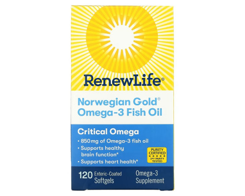 Renew Life, Norwegian Gold Omega-3 Fish Oil, 850 mg, 120 Enteric-Coated Softgels Renew Life, Norwegian Gold Omega-3 Fish Oil, 850 mg, 120 Enteric-Coated Softgels