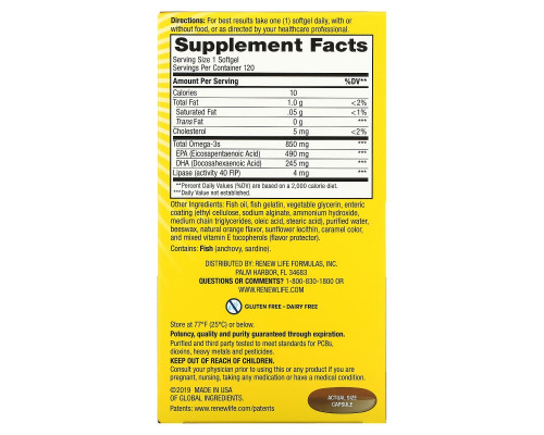 Renew Life, Norwegian Gold Omega-3 Fish Oil, 850 mg, 120 Enteric-Coated Softgels Renew Life, Norwegian Gold Omega-3 Fish Oil, 850 mg, 120 Enteric-Coated Softgels