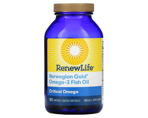 Renew Life, Norwegian Gold Omega-3 Fish Oil, 850 mg, 120 Enteric-Coated Softgels Renew Life, Norwegian Gold Omega-3 Fish Oil, 850 mg, 120 Enteric-Coated Softgels