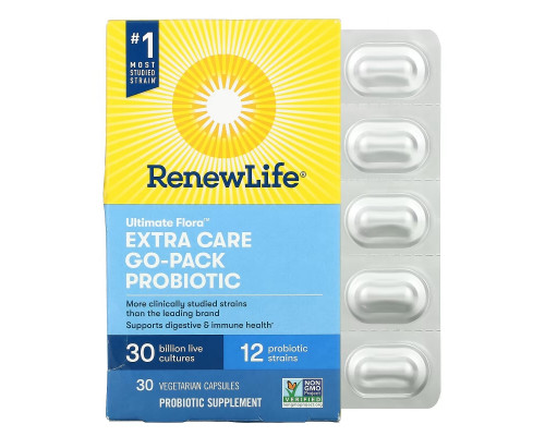 Renew Life, Extra Care Ultimate Flora Пробиотики, 30 млрд, 30 Вегетарианских Капсул Renew Life, Extra Care Ultimate Flora Пробиотики, 30 млрд, 30 Вегетарианских Капсул