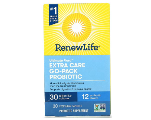 Renew Life, Extra Care Ultimate Flora Пробиотики, 30 млрд, 30 Вегетарианских Капсул Renew Life, Extra Care Ultimate Flora Пробиотики, 30 млрд, 30 Вегетарианских Капсул