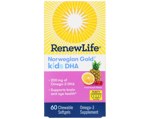 Renew Life "Норвежское золото" ДГК для детей фруктовый вкус 60 жевательных мягких капсул Renew Life "Норвежское золото" ДГК для детей фруктовый вкус 60 жевательных мягких капсул