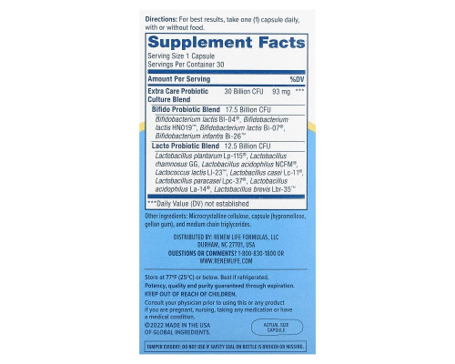 Renew Life, Ultimate Flora Extra Care Probiotic, 30 Billion CFU, 30 Vegetarian Capsules Renew Life, Ultimate Flora Extra Care Probiotic, 30 Billion CFU, 30 Vegetarian Capsules
