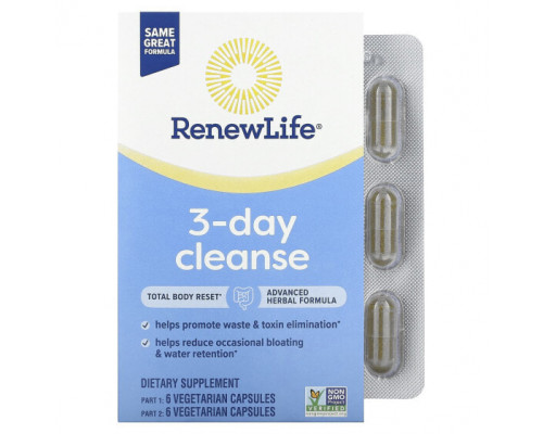 Для пищеварительной системы Renew Life, 3-дневное очищение, 12 вегетарианских капсул Для пищеварительной системы Renew Life, 3-дневное очищение, 12 вегетарианских капсул