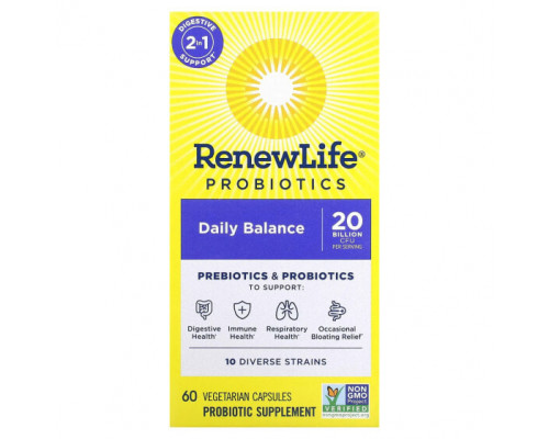 Для пищеварительной системы Renew Life, Пробиотики, Daily Balance, 60 вегетарианских капсул Для пищеварительной системы Renew Life, Пробиотики, Daily Balance, 60 вегетарианских капсул