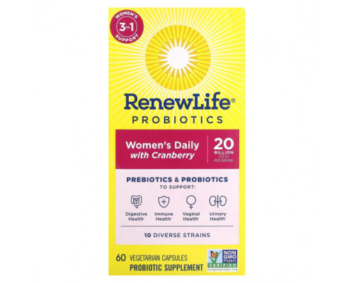 Пребиотики и пробиотики Renew Life, Пробиотики, ежедневный прием для женщин с клюквой, 20 млрд КОЕ, 60 вегетарианских капсул Пребиотики и пробиотики Renew Life, Пробиотики, ежедневный прием для женщин с клюквой, 20 млрд КОЕ, 60 вегетарианских капсул
