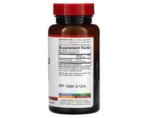 Olympian Labs Inc., Экстракт виноградных косточек, 200 мг, 100 вегетарианских капсул Olympian Labs Inc., Экстракт виноградных косточек, 200 мг, 100 вегетарианских капсул