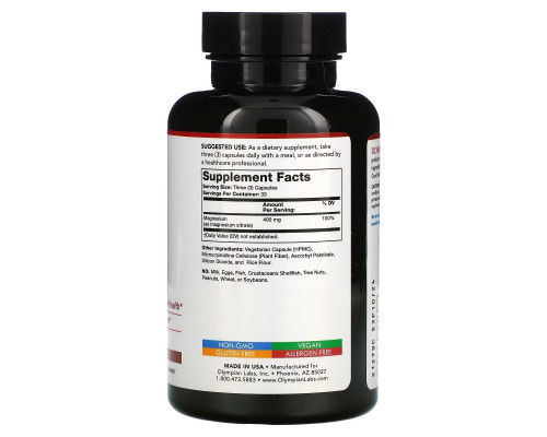 Olympian Labs Inc. Капсулы Магния цитрат, для здоровья сердца и костей, 400 мг 100 растительных капсул Olympian Labs Inc. Капсулы Магния цитрат, для здоровья сердца и костей, 400 мг 100 растительных капсул