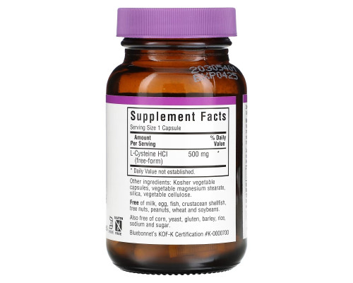 Bluebonnet Nutrition, L-цистеин, 500 мг, 60 капсул в растительной оболочке Bluebonnet Nutrition, L-цистеин, 500 мг, 60 капсул в растительной оболочке