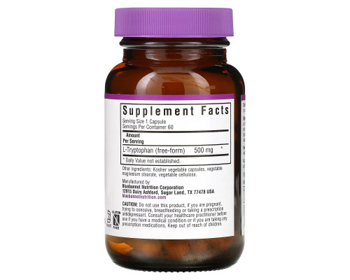 Bluebonnet Nutrition, L-триптофан, 500 мг, 60 капсул в растительной оболочке Bluebonnet Nutrition, L-триптофан, 500 мг, 60 капсул в растительной оболочке