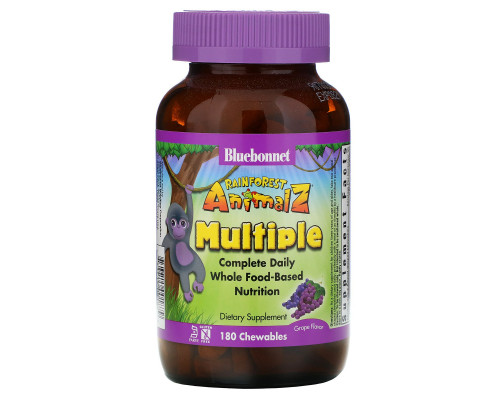 Bluebonnet Nutrition Тропические животные мультивитамин на основе цельных продуктов с натуральным вкусом винограда 180 жевательных конфет Bluebonnet Nutrition Тропические животные мультивитамин на основе цельных продуктов с натуральным вкусом винограда 180 жевательных конфет