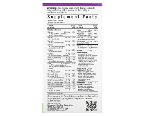 Bluebonnet Nutrition, Immune One, Whole Food-Based Multiple, 30 Vegetable Capsules Bluebonnet Nutrition, Immune One, Whole Food-Based Multiple, 30 Vegetable Capsules