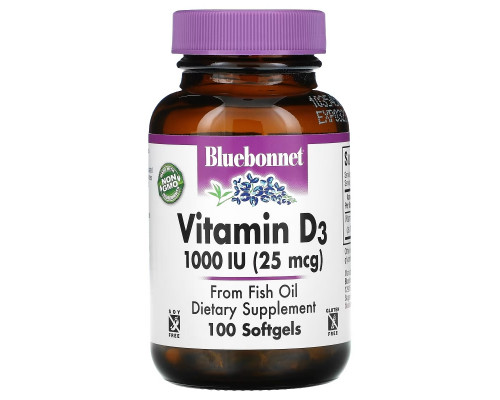 Bluebonnet Nutrition, Vitamin D3, 25 mcg (1,000 IU), 100 Softgels Bluebonnet Nutrition, Vitamin D3, 25 mcg (1,000 IU), 100 Softgels