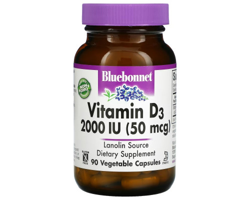 Bluebonnet Nutrition, Витамин D3, 50 мкг (2000 МЕ), 90 растительных капсул Bluebonnet Nutrition, Витамин D3, 50 мкг (2000 МЕ), 90 растительных капсул