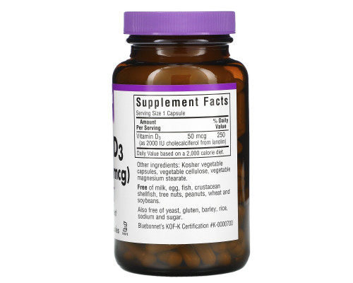Bluebonnet Nutrition Витамин D3 2000 МЕ 180 растительных капсул Bluebonnet Nutrition Витамин D3 2000 МЕ 180 растительных капсул