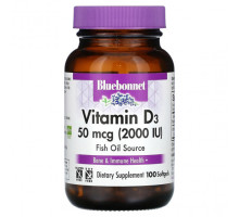 Витамин D Bluebonnet Nutrition, Витамин D3, 50 мкг (2000 МЕ), 100 мягких таблеток
