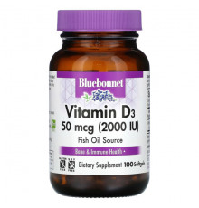 Витамин D Bluebonnet Nutrition, Витамин D3, 50 мкг (2000 МЕ), 100 мягких таблеток