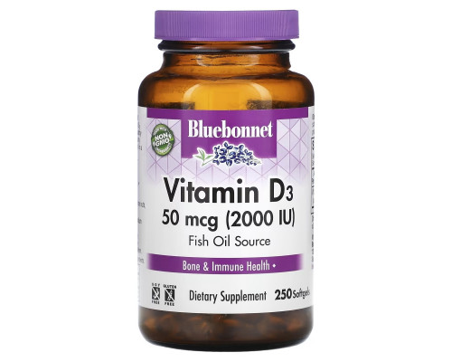 Bluebonnet Nutrition Витамин D3 2000 МЕ 250 гелевых капсул Bluebonnet Nutrition Витамин D3 2000 МЕ 250 гелевых капсул