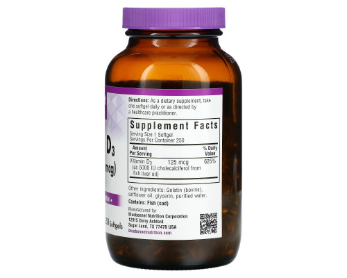 Bluebonnet Nutrition Витамин D3 5000 МЕ 250 гелевых капсул Bluebonnet Nutrition Витамин D3 5000 МЕ 250 гелевых капсул